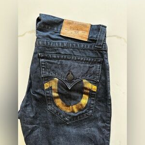 True Religion Men's Dark Blue Jeans with Gold Detail